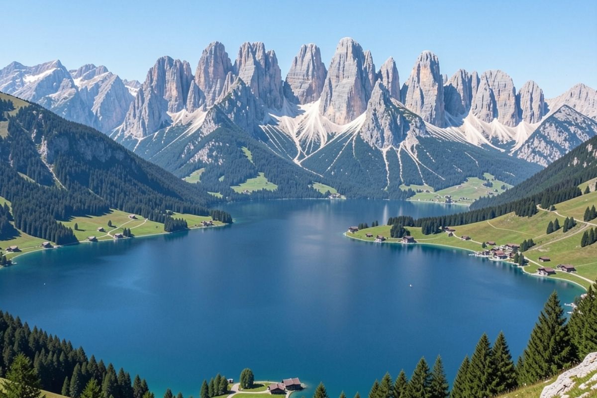 Vista panoramica del Lago di Molveno con le Dolomiti di Brenta sullo sfondo
