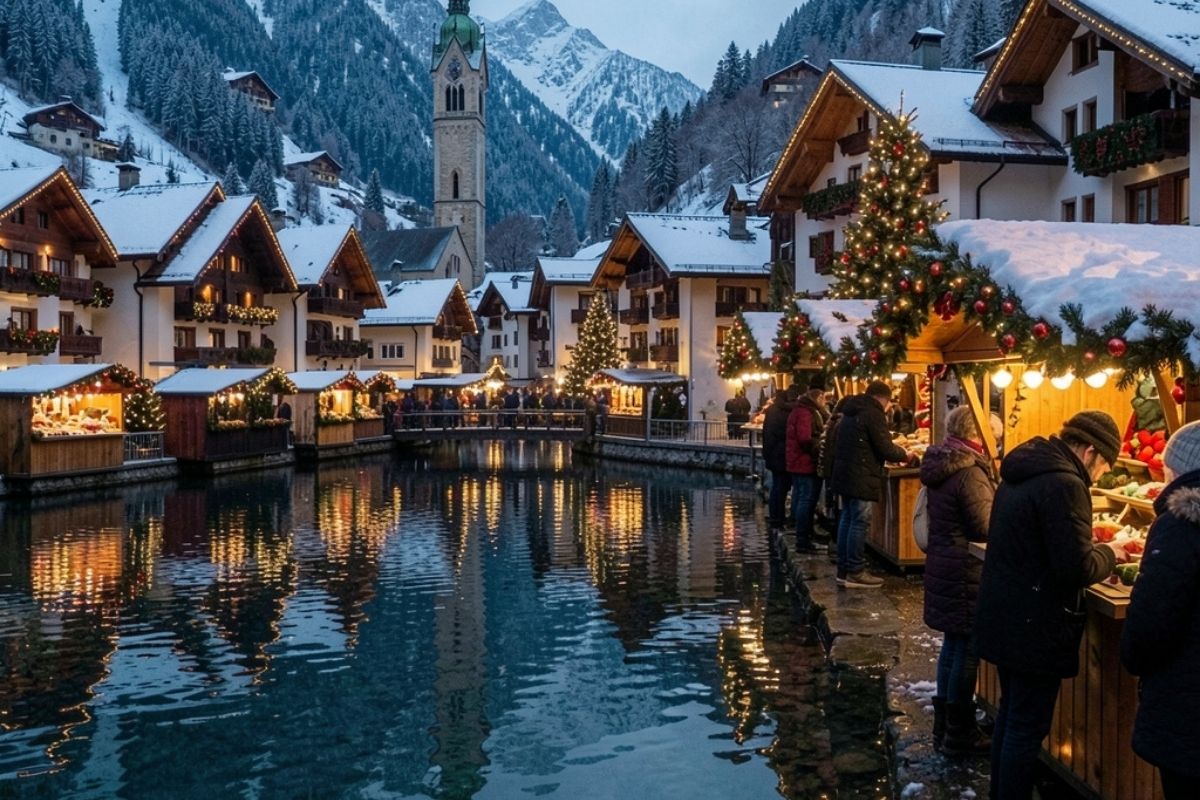Mercatini di Natale a Lago di Molveno, con luci e decorazioni festive